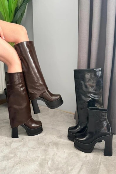 Kadın Herney Siyah Kırışık Rugan 12 cm Platfom Topuklu Tak Çıkart Bot Çizme - Resim 4