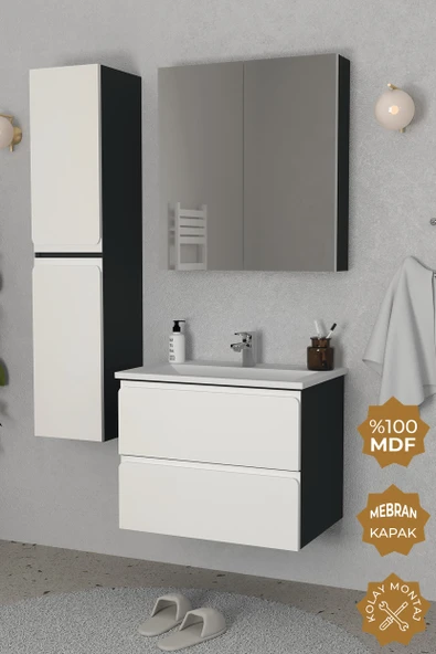 Teta Home Granada 80 cm MDF Gövde Membran Kapak Banyo Dolabı Seti + Boy Dolabı  Antrasit-Beyaz ürün görseli 1