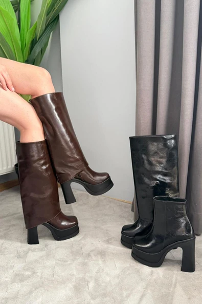 Kadın Herney Kahverengi Kırışık Rugan 12 cm Platfom Topuklu Tak Çıkart Bot Çizme - Resim 3