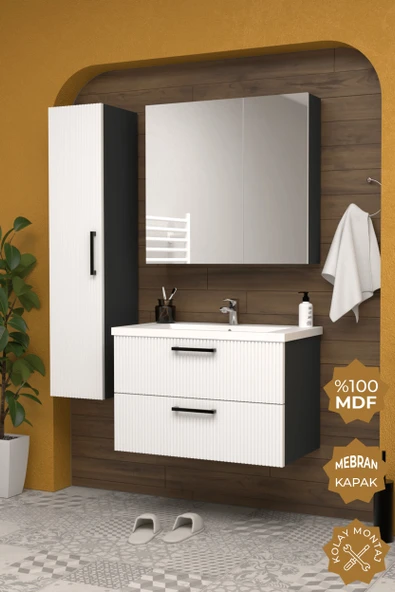 Teta Home Havana 80 cm MDF Gövde Membran Kapak Banyo Dolabı Seti + Boy Dolabı  Antrasit-Beyaz ürün görseli 1