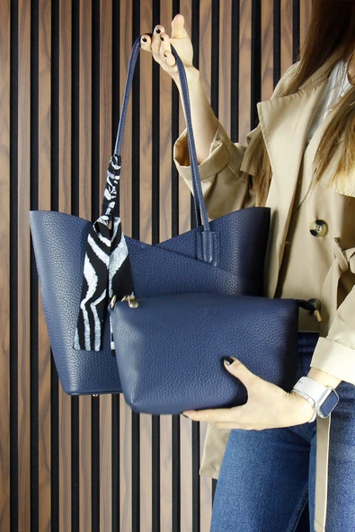 Erkan Saçmacı Lacivert Vegan Manyetik Kapaklı Büyük Boy Günlük Omuz Çantası ve Askılı El Çantası ürün görseli 1