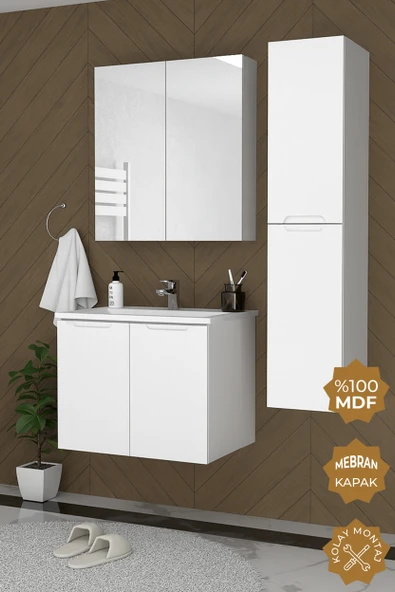 Teta Home Astana 65 cm MDF Gövde Membran Kapak Banyo Dolabı Seti + Boy Dolabı  Beyaz - Resim 2