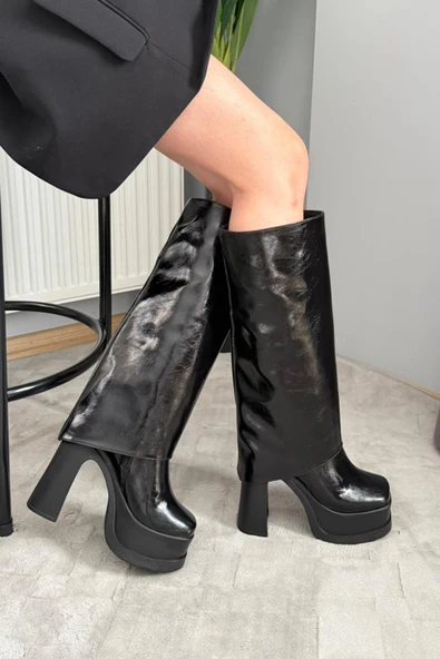 Kadın Herney Siyah Kırışık Rugan 12 cm Platfom Topuklu Tak Çıkart Bot Çizme - Resim 2