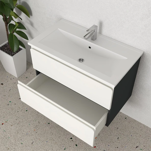 Teta Home Granada 80 cm MDF Gövde Membran Kapak Banyo Dolabı Seti + Boy Dolabı  Antrasit-Beyaz - Resim 3
