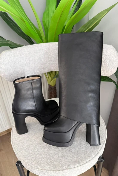 Kadın Herney Siyah 12 cm Platfom Topuklu Tak Çıkart Bot Çizme - Resim 4