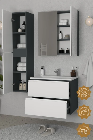 Teta Home Granada 80 cm MDF Gövde Membran Kapak Banyo Dolabı Seti + Boy Dolabı  Antrasit-Beyaz - Resim 2