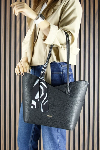 Erkan Saçmacı Siyah Vegan Manyetik Kapaklı Büyük Boy Günlük Omuz Çantası ve Askılı El Çantası - Resim 2