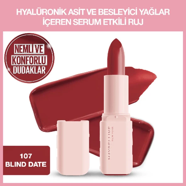 Maybelline New York Serum Etkili Hyalüronik Asit ve Besleyici Yağ İçeren Ruj - 107 Blind Date ürün görseli 1