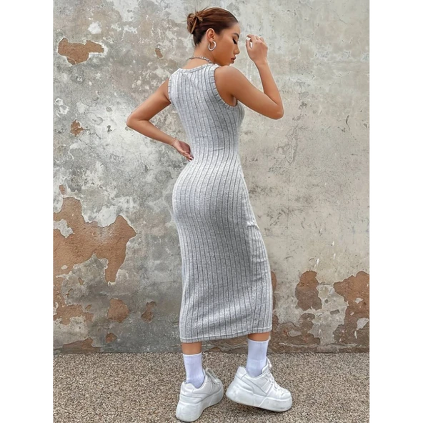 Lucky Life Kadın Kalın Askılı Kare Yaka Fitilli Kaşkorse Midi Boy Elbise - Resim 5