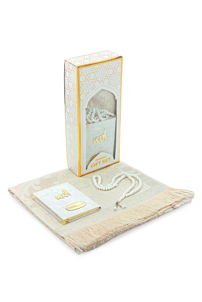 Kadife Kaplı Yasini Şerif Kitabı Tesbih Seccade Seti Beyaz ürün görseli 1