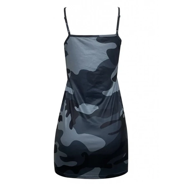 Lucky Life Kadın Ip Askılı Kamuflaj Baskılı Viskon Elbise - Resim 4