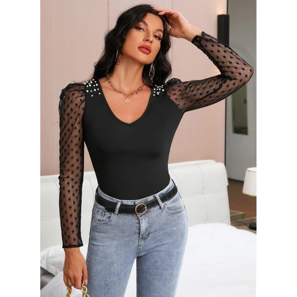 Lucky Life Kadın Uzun Kollu Omuz Inci Kollar Tül Detay Viskon Bluz - Resim 6