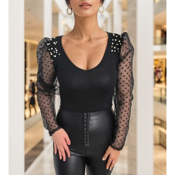 Lucky Life Kadın Uzun Kollu Omuz Inci Kollar Tül Detay Viskon Bluz - Resim 9