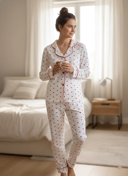 Kadın Beyaz Kırmızı Kalp Desenli %100 Pamuk Fitilli Kumaş Mevsimlik Uzun Kol Cepli Pijama Takımı - Resim 9