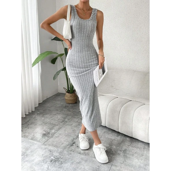 Lucky Life Kadın Kalın Askılı Kare Yaka Fitilli Kaşkorse Midi Boy Elbise ürün görseli 1