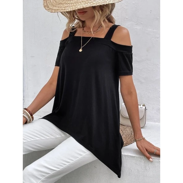 Lucky Life Kadın Kısa Kollu Omuzlardan Açık Askılı Asimetrik Kesim Viskon Bluz - Resim 3