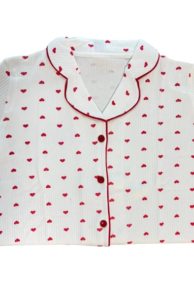 Kadın Beyaz Kırmızı Kalp Desenli %100 Pamuk Fitilli Kumaş Mevsimlik Uzun Kol Cepli Pijama Takımı - Resim 5