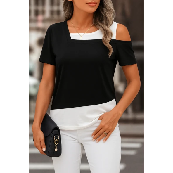 Lucky Life Kadın Kısa Kollu Geometrik Kesin Detaylı çift Renkli Viskon Bluz - Resim 2