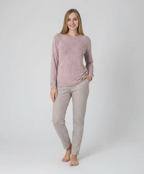 Kadın Viskon Mevsimlik Uzun Kol Cepli Pijama Takımı-Üstü İnce Triko Alt Pijama Dar Kesim Jakar Kumaş - Resim 9