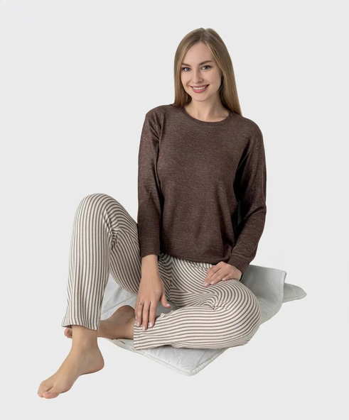 Kadın Viskon Mevsimlik Uzun Kol Cepli Pijama Takımı-Üstü İnce Triko Alt Pijama Dar Kesim Jakar Kumaş - Resim 6