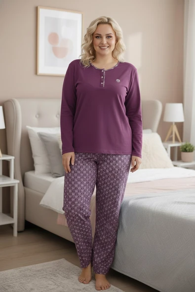 Kadın Etnik Desen 3 Düğme Pamuk Likra Mevsimlik Uzun Kol Pijama Takımı - Resim 6