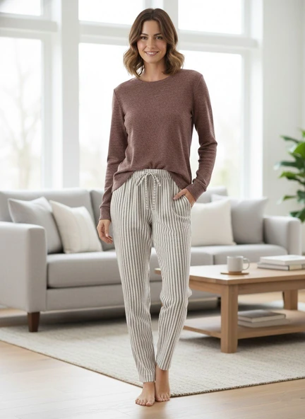 Kadın Viskon Mevsimlik Uzun Kol Cepli Pijama Takımı-Üstü İnce Triko Alt Pijama Dar Kesim Jakar Kumaş - Resim 11