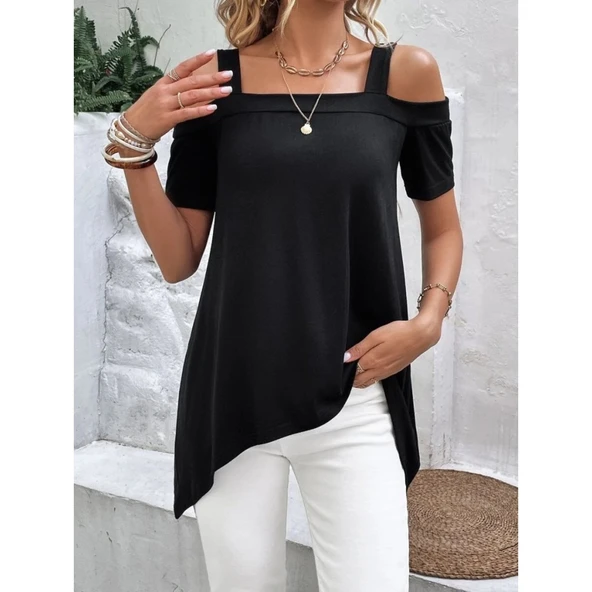 Lucky Life Kadın Kısa Kollu Omuzlardan Açık Askılı Asimetrik Kesim Viskon Bluz - Resim 2