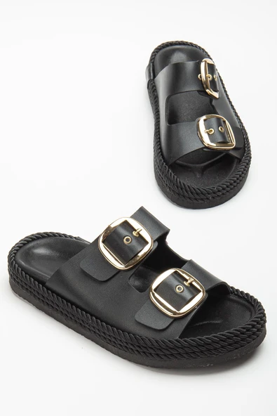 Kadın Siyah Günlük Çift Tokalı Rahat Taban Hasır Sandalet Terlik - Resim 2