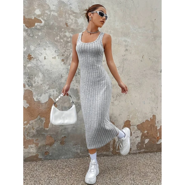 Lucky Life Kadın Kalın Askılı Kare Yaka Fitilli Kaşkorse Midi Boy Elbise - Resim 3