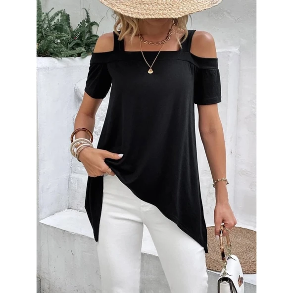 Lucky Life Kadın Kısa Kollu Omuzlardan Açık Askılı Asimetrik Kesim Viskon Bluz - Resim 4