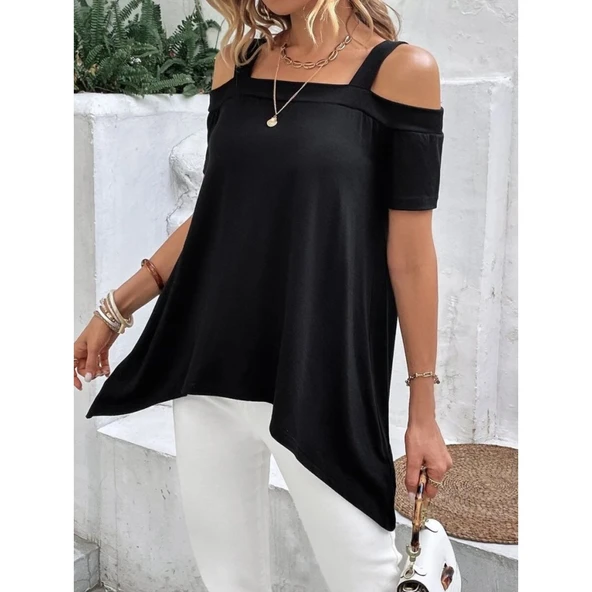 Lucky Life Kadın Kısa Kollu Omuzlardan Açık Askılı Asimetrik Kesim Viskon Bluz - Resim 5