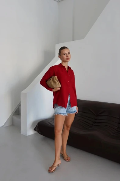 Tek cepli müslin gömlek bordo pt - Resim 4