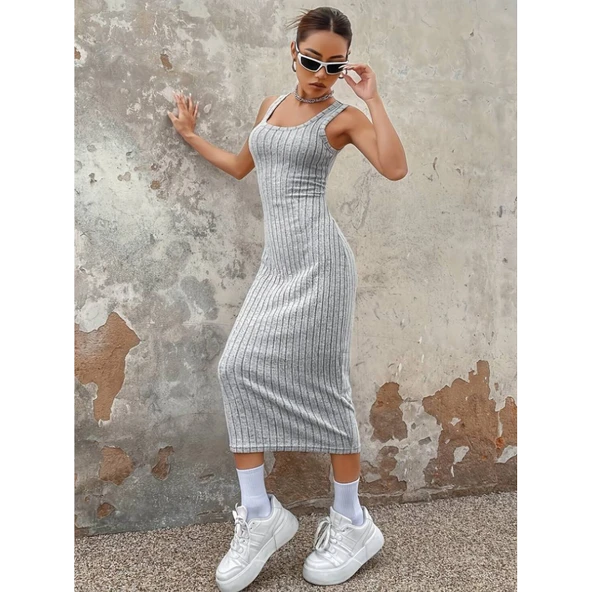 Lucky Life Kadın Kalın Askılı Kare Yaka Fitilli Kaşkorse Midi Boy Elbise - Resim 7