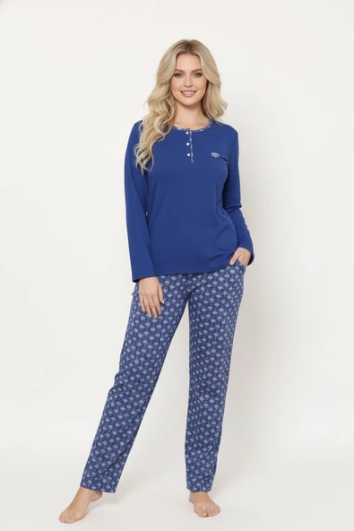 Kadın Etnik Desen 3 Düğme Pamuk Likra Mevsimlik Uzun Kol Pijama Takımı - Resim 10