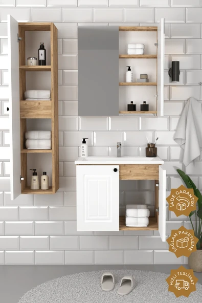 Teta Home Pekin 65 cm MDF Gövde Membran Kapak Banyo Dolabı Seti + Boy Dolabı  Atlantik Çam- Beyaz - Resim 2