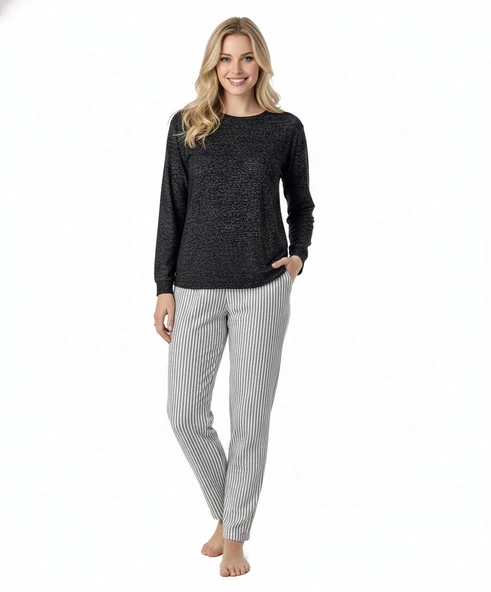 Kadın Viskon Mevsimlik Uzun Kol Cepli Pijama Takımı-Üstü İnce Triko Alt Pijama Dar Kesim Jakar Kumaş - Resim 5