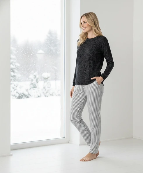 Kadın Viskon Mevsimlik Uzun Kol Cepli Pijama Takımı-Üstü İnce Triko Alt Pijama Dar Kesim Jakar Kumaş - Resim 4