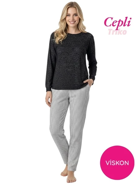 Kadın Viskon Mevsimlik Uzun Kol Cepli Pijama Takımı-Üstü İnce Triko Alt Pijama Dar Kesim Jakar Kumaş - Resim 2