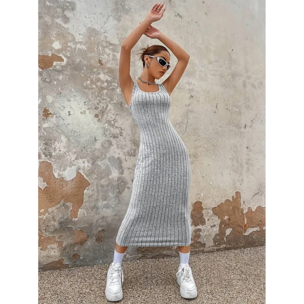 Lucky Life Kadın Kalın Askılı Kare Yaka Fitilli Kaşkorse Midi Boy Elbise - Resim 2