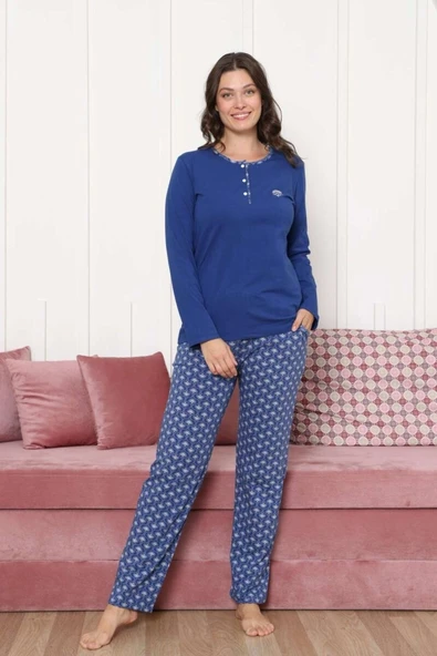 Kadın Etnik Desen 3 Düğme Pamuk Likra Mevsimlik Uzun Kol Pijama Takımı - Resim 2