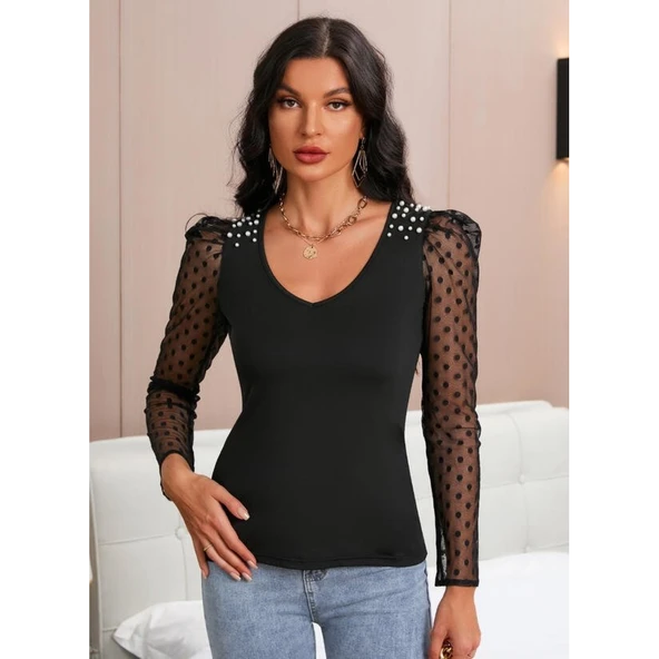 Lucky Life Kadın Uzun Kollu Omuz Inci Kollar Tül Detay Viskon Bluz - Resim 3
