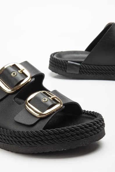 Kadın Siyah Günlük Çift Tokalı Rahat Taban Hasır Sandalet Terlik ürün görseli 1