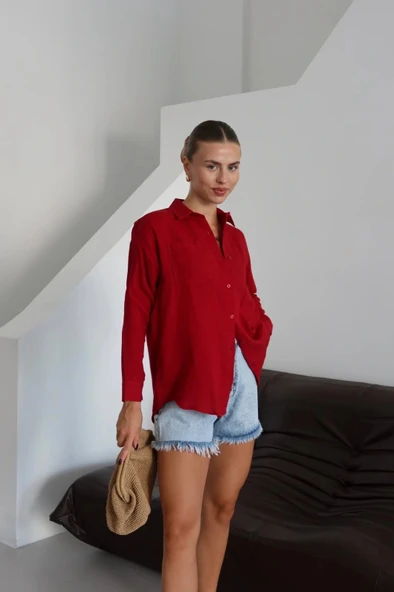 Tek cepli müslin gömlek bordo pt - Resim 5