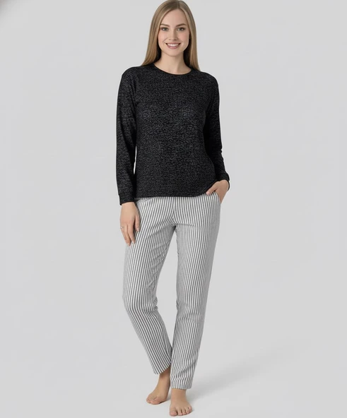 Kadın Viskon Mevsimlik Uzun Kol Cepli Pijama Takımı-Üstü İnce Triko Alt Pijama Dar Kesim Jakar Kumaş - Resim 7