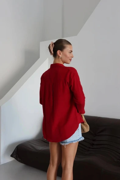 Tek cepli müslin gömlek bordo pt - Resim 3