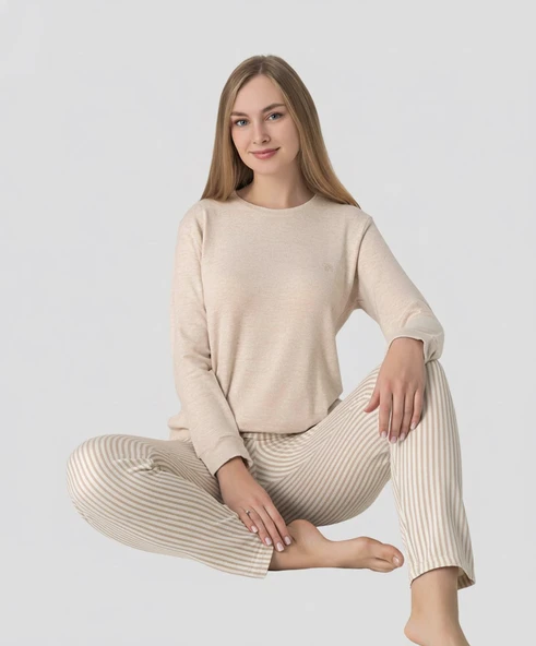 Kadın Viskon Mevsimlik Uzun Kol Cepli Pijama Takımı-Üstü İnce Triko Alt Pijama Dar Kesim Jakar Kumaş - Resim 8