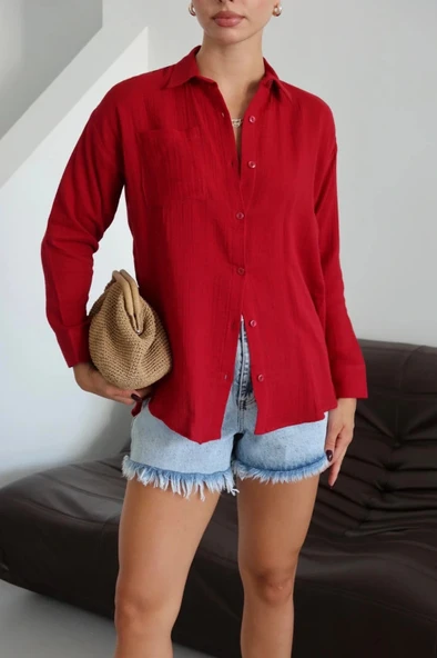 Tek cepli müslin gömlek bordo pt ürün görseli 1