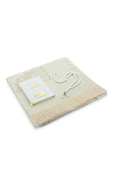 Kadife Kaplı Yasini Şerif Kitabı Tesbih Seccade Seti Beyaz - Resim 3