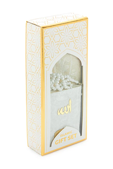 Kadife Kaplı Yasini Şerif Kitabı Tesbih Seccade Seti Beyaz - Resim 2