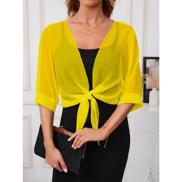 Lucky Life Kadın Truvakar Kollu önden Bağlamalı Kısa şifon Bolero Ceket - Resim 3